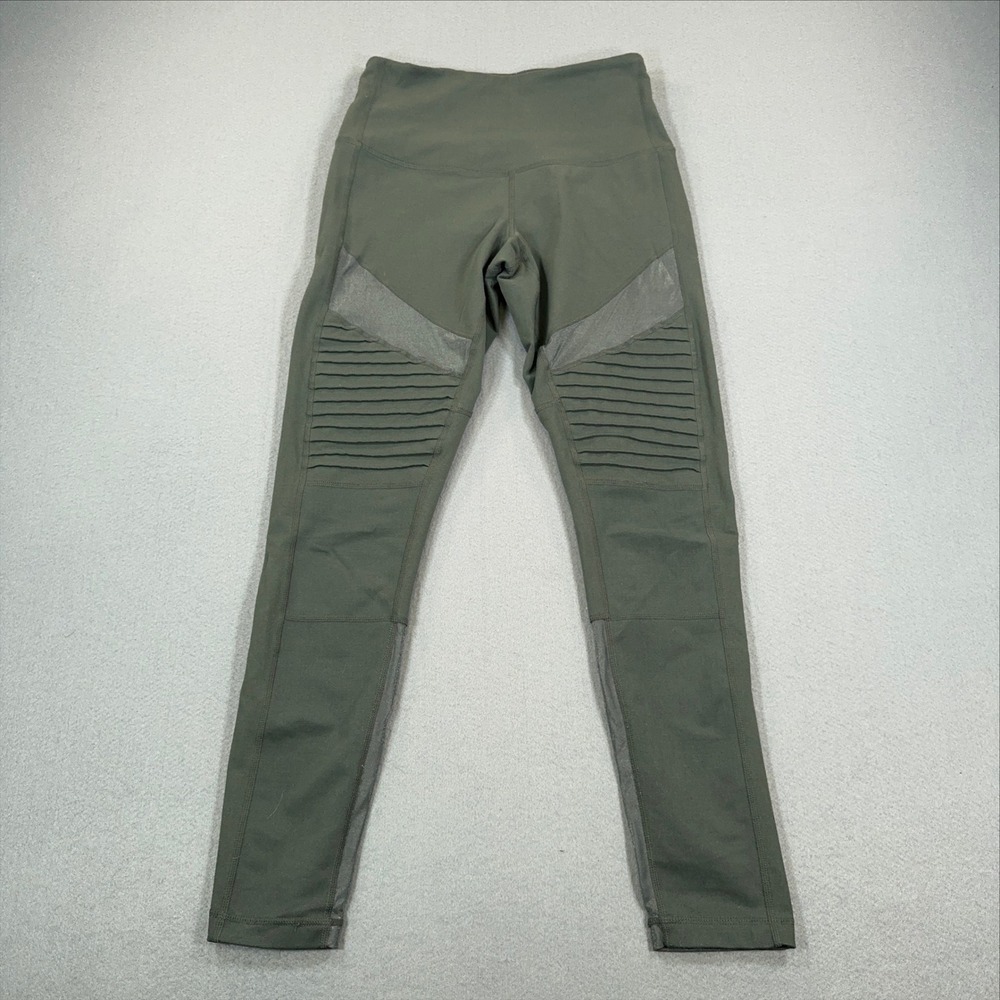 Zella Womens Olive Green Moto Ribbed Metallic Mesh Inset Leggings Small